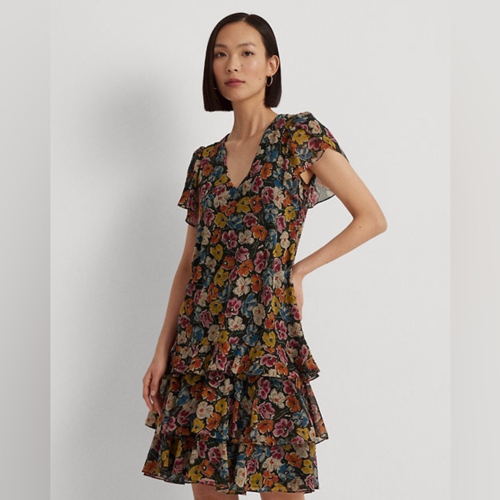 Ralph Lauren Floral Georgette Drop-Waist Dress Black 2